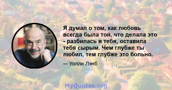 Я думал о том, как любовь всегда была той, что делала это - разбилась в тебя, оставила тебя сырым. Чем глубже ты любил, тем глубже это больно.