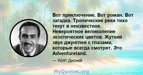 Вот приключение. Вот роман. Вот загадка. Тропические реки тихо текут в неизвестное. Невероятное великолепие экзотических цветов. Жуткий звук джунглей с глазами, которые всегда смотрят. Это Adventureland.