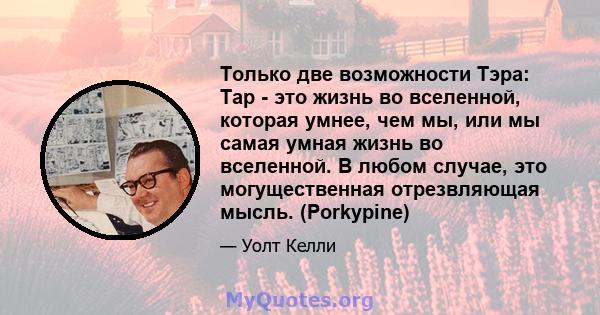 Только две возможности Тэра: Тар - это жизнь во вселенной, которая умнее, чем мы, или мы самая умная жизнь во вселенной. В любом случае, это могущественная отрезвляющая мысль. (Porkypine)