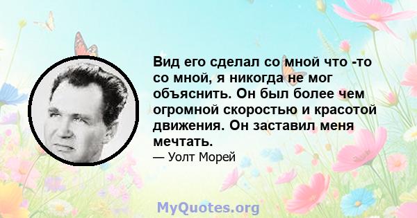 Вид его сделал со мной что -то со мной, я никогда не мог объяснить. Он был более чем огромной скоростью и красотой движения. Он заставил меня мечтать.