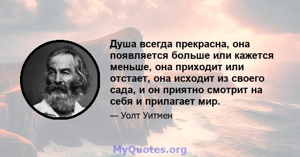 Душа всегда прекрасна, она появляется больше или кажется меньше, она приходит или отстает, она исходит из своего сада, и он приятно смотрит на себя и прилагает мир.