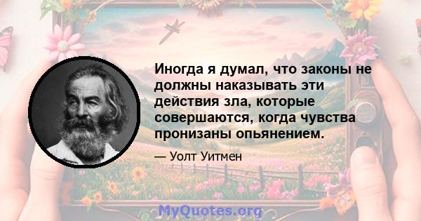 Иногда я думал, что законы не должны наказывать эти действия зла, которые совершаются, когда чувства пронизаны опьянением.