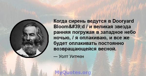 Когда сирень ведутся в Dooryard Bloom'd / и великая звезда ранняя погружая в западное небо ночью, / я оплакиваю, и все же будет оплакивать постоянно возвращающейся весной.