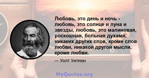 Любовь, это день и ночь - любовь, это солнце и луна и звезды, любовь, это малиновая, роскошная, больная духами, никаких других слов, кроме слов любви, никакой другой мысли, кроме любви.