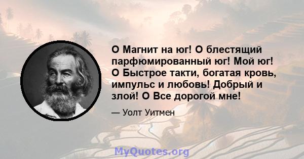 O Магнит на юг! О блестящий парфюмированный юг! Мой юг! O Быстрое такти, богатая кровь, импульс и любовь! Добрый и злой! O Все дорогой мне!