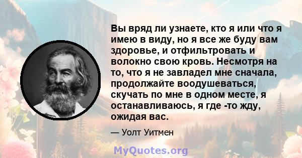 Вы вряд ли узнаете, кто я или что я имею в виду, но я все же буду вам здоровье, и отфильтровать и волокно свою кровь. Несмотря на то, что я не завладел мне сначала, продолжайте воодушеваться, скучать по мне в одном