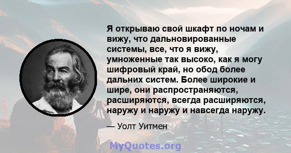 Я открываю свой шкафт по ночам и вижу, что дальновированные системы, все, что я вижу, умноженные так высоко, как я могу шифровый край, но обод более дальних систем. Более широкие и шире, они распространяются,