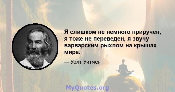 Я слишком не немного приручен, я тоже не переведен, я звучу варварским рыхлом на крышах мира.