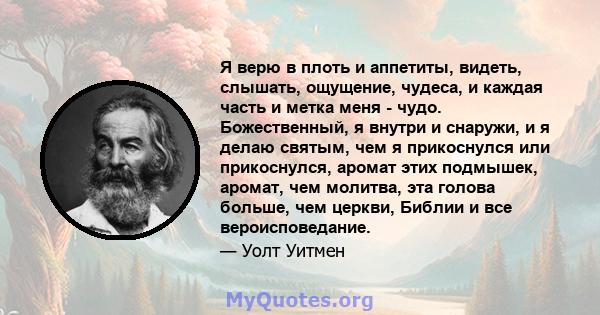 Я верю в плоть и аппетиты, видеть, слышать, ощущение, чудеса, и каждая часть и метка меня - чудо. Божественный, я внутри и снаружи, и я делаю святым, чем я прикоснулся или прикоснулся, аромат этих подмышек, аромат, чем