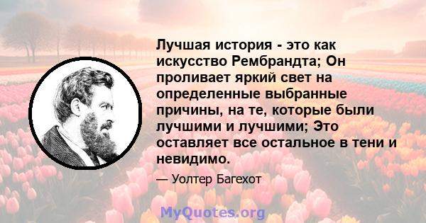 Лучшая история - это как искусство Рембрандта; Он проливает яркий свет на определенные выбранные причины, на те, которые были лучшими и лучшими; Это оставляет все остальное в тени и невидимо.