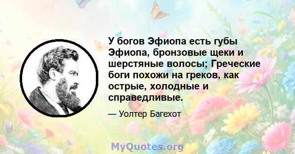 У богов Эфиопа есть губы Эфиопа, бронзовые щеки и шерстяные волосы; Греческие боги похожи на греков, как острые, холодные и справедливые.