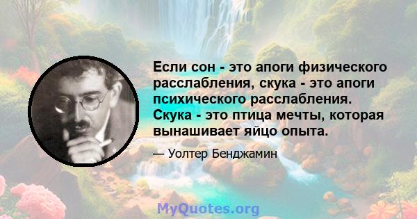 Если сон - это апоги физического расслабления, скука - это апоги психического расслабления. Скука - это птица мечты, которая вынашивает яйцо опыта.