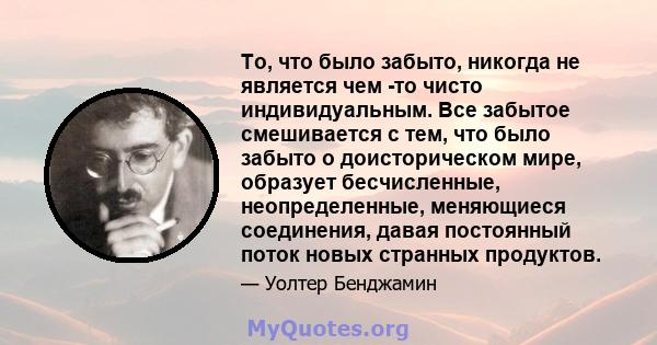 То, что было забыто, никогда не является чем -то чисто индивидуальным. Все забытое смешивается с тем, что было забыто о доисторическом мире, образует бесчисленные, неопределенные, меняющиеся соединения, давая постоянный 