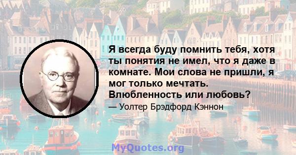 Я всегда буду помнить тебя, хотя ты понятия не имел, что я даже в комнате. Мои слова не пришли, я мог только мечтать. Влюбленность или любовь?