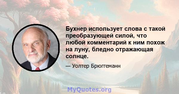 Бухнер использует слова с такой преобразующей силой, что любой комментарий к ним похож на луну, бледно отражающая солнце.