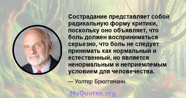 Сострадание представляет собой радикальную форму критики, поскольку оно объявляет, что боль должен восприниматься серьезно, что боль не следует принимать как нормальный и естественный, но является ненормальным и