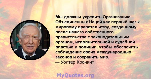 Мы должны укрепить Организацию Объединенных Наций как первый шаг к мировому правительству, созданному после нашего собственного правительства с законодательным органом, исполнительной и судебной властью и полиции, чтобы 