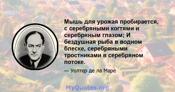 Мышь для урожая пробирается, с серебряными когтями и серебряным глазом; И бездушная рыба в водном блеске, серебряными тростниками в серебряном потоке.