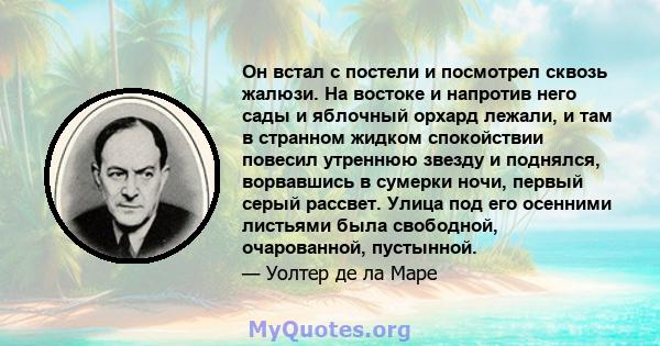 Он встал с постели и посмотрел сквозь жалюзи. На востоке и напротив него сады и яблочный орхард лежали, и там в странном жидком спокойствии повесил утреннюю звезду и поднялся, ворвавшись в сумерки ночи, первый серый