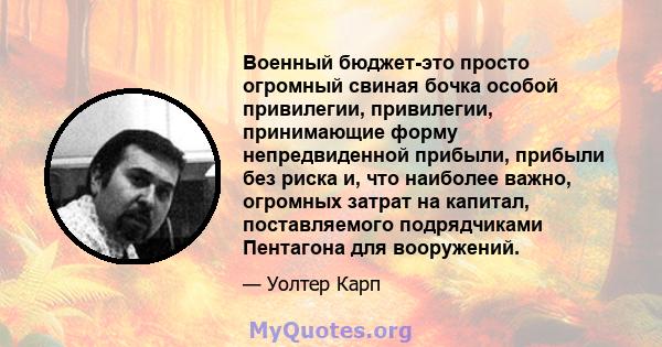 Военный бюджет-это просто огромный свиная бочка особой привилегии, привилегии, принимающие форму непредвиденной прибыли, прибыли без риска и, что наиболее важно, огромных затрат на капитал, поставляемого подрядчиками