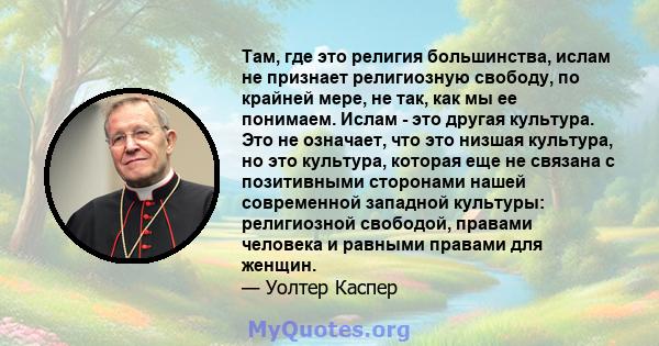 Там, где это религия большинства, ислам не признает религиозную свободу, по крайней мере, не так, как мы ее понимаем. Ислам - это другая культура. Это не означает, что это низшая культура, но это культура, которая еще