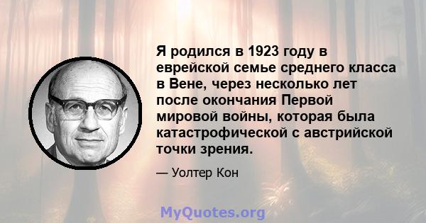 Я родился в 1923 году в еврейской семье среднего класса в Вене, через несколько лет после окончания Первой мировой войны, которая была катастрофической с австрийской точки зрения.