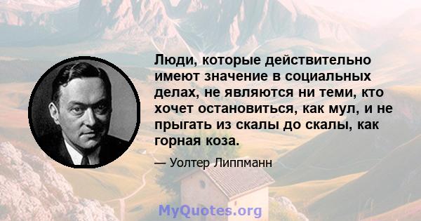 Люди, которые действительно имеют значение в социальных делах, не являются ни теми, кто хочет остановиться, как мул, и не прыгать из скалы до скалы, как горная коза.