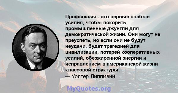 Профсоюзы - это первые слабые усилия, чтобы покорить промышленные джунгли для демократической жизни. Они могут не преуспеть, но если они не будут неудачи, будет трагедией для цивилизации, потерей кооперативных усилий,