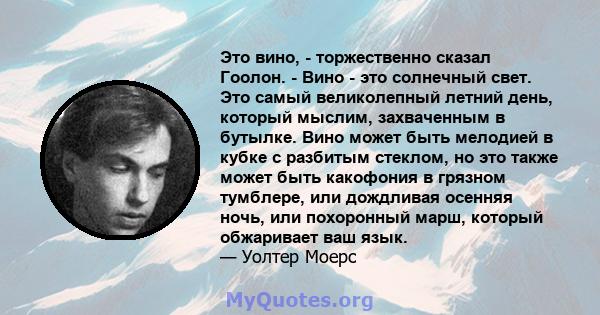 Это вино, - торжественно сказал Гоолон. - Вино - это солнечный свет. Это самый великолепный летний день, который мыслим, захваченным в бутылке. Вино может быть мелодией в кубке с разбитым стеклом, но это также может