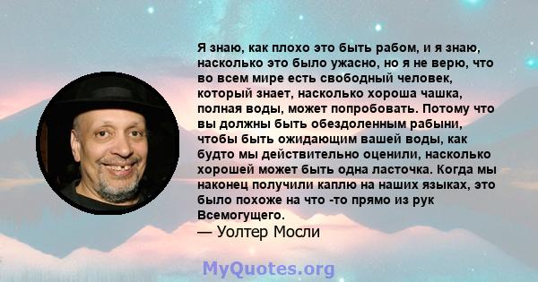 Я знаю, как плохо это быть рабом, и я знаю, насколько это было ужасно, но я не верю, что во всем мире есть свободный человек, который знает, насколько хороша чашка, полная воды, может попробовать. Потому что вы должны