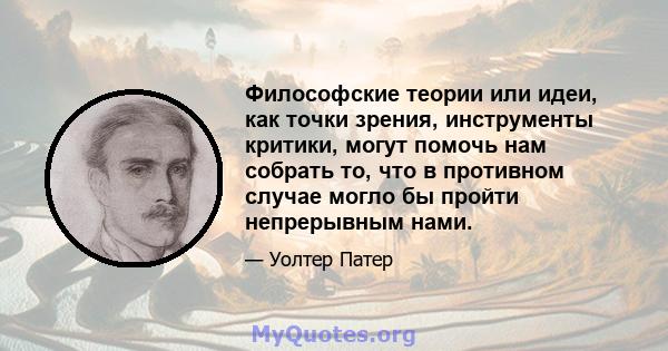 Философские теории или идеи, как точки зрения, инструменты критики, могут помочь нам собрать то, что в противном случае могло бы пройти непрерывным нами.