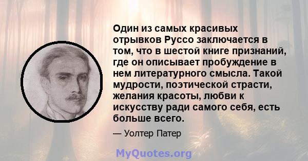 Один из самых красивых отрывков Руссо заключается в том, что в шестой книге признаний, где он описывает пробуждение в нем литературного смысла. Такой мудрости, поэтической страсти, желания красоты, любви к искусству