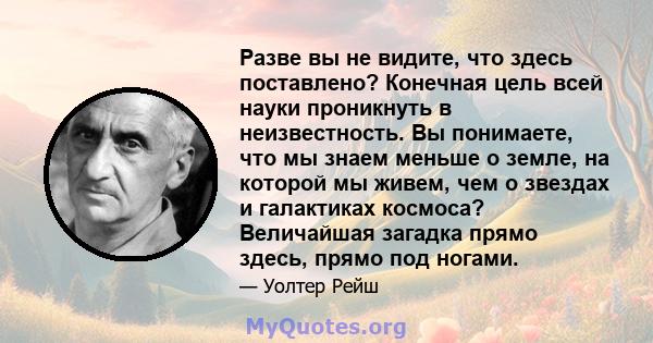 Разве вы не видите, что здесь поставлено? Конечная цель всей науки проникнуть в неизвестность. Вы понимаете, что мы знаем меньше о земле, на которой мы живем, чем о звездах и галактиках космоса? Величайшая загадка прямо 