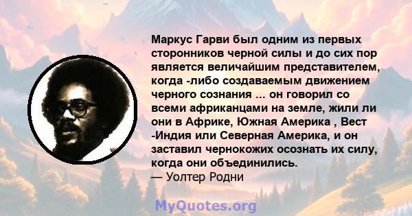 Маркус Гарви был одним из первых сторонников черной силы и до сих пор является величайшим представителем, когда -либо создаваемым движением черного сознания ... он говорил со всеми африканцами на земле, жили ли они в