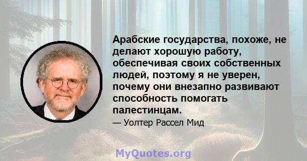 Арабские государства, похоже, не делают хорошую работу, обеспечивая своих собственных людей, поэтому я не уверен, почему они внезапно развивают способность помогать палестинцам.