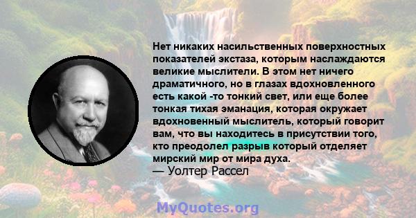 Нет никаких насильственных поверхностных показателей экстаза, которым наслаждаются великие мыслители. В этом нет ничего драматичного, но в глазах вдохновленного есть какой -то тонкий свет, или еще более тонкая тихая