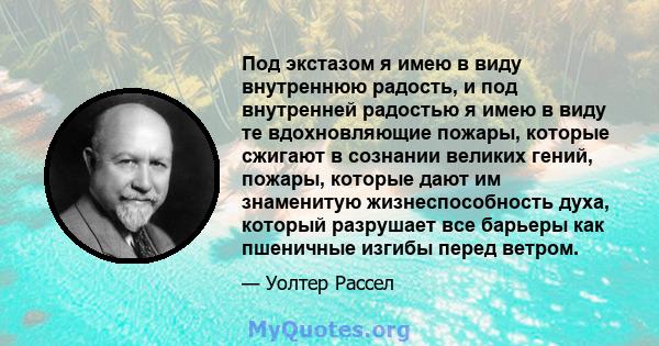 Под экстазом я имею в виду внутреннюю радость, и под внутренней радостью я имею в виду те вдохновляющие пожары, которые сжигают в сознании великих гений, пожары, которые дают им знаменитую жизнеспособность духа, который 