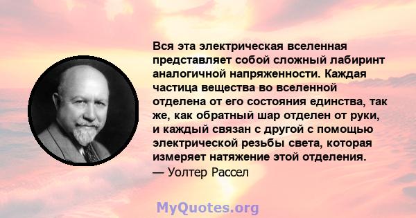 Вся эта электрическая вселенная представляет собой сложный лабиринт аналогичной напряженности. Каждая частица вещества во вселенной отделена от его состояния единства, так же, как обратный шар отделен от руки, и каждый