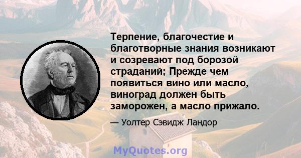 Терпение, благочестие и благотворные знания возникают и созревают под борозой страданий; Прежде чем появиться вино или масло, виноград должен быть заморожен, а масло прижало.