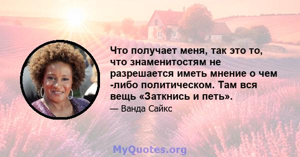 Что получает меня, так это то, что знаменитостям не разрешается иметь мнение о чем -либо политическом. Там вся вещь «Заткнись и петь».