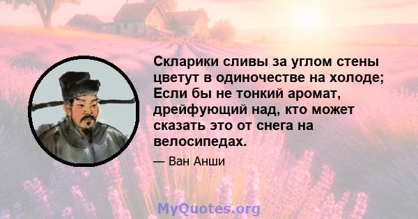 Скларики сливы за углом стены цветут в одиночестве на холоде; Если бы не тонкий аромат, дрейфующий над, кто может сказать это от снега на велосипедах.