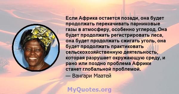 Если Африка остается позади, она будет продолжать перекачивать парниковые газы в атмосферу, особенно углерод. Она будет продолжать регистрировать леса, она будет продолжать сжигать уголь, она будет продолжать