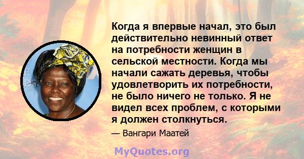 Когда я впервые начал, это был действительно невинный ответ на потребности женщин в сельской местности. Когда мы начали сажать деревья, чтобы удовлетворить их потребности, не было ничего не только. Я не видел всех