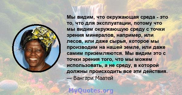 Мы видим, что окружающая среда - это то, что для эксплуатации, потому что мы видим окружающую среду с точки зрения минералов, например, или лесов, или даже сырья, которое мы производим на нашей земле, или даже самим