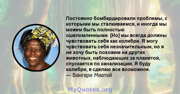 Постоянно бомбардировали проблемы, с которыми мы сталкиваемся, и иногда мы можем быть полностью ошеломленными. [Но] мы всегда должны чувствовать себя как колибри. Я могу чувствовать себя незначительным, но я не хочу