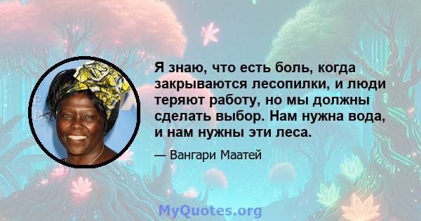 Я знаю, что есть боль, когда закрываются лесопилки, и люди теряют работу, но мы должны сделать выбор. Нам нужна вода, и нам нужны эти леса.