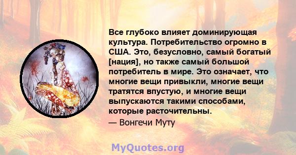 Все глубоко влияет доминирующая культура. Потребительство огромно в США. Это, безусловно, самый богатый [нация], но также самый большой потребитель в мире. Это означает, что многие вещи привыкли, многие вещи тратятся