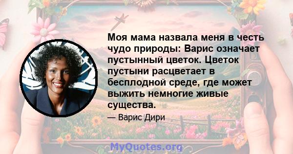 Моя мама назвала меня в честь чудо природы: Варис означает пустынный цветок. Цветок пустыни расцветает в бесплодной среде, где может выжить немногие живые существа.