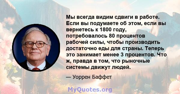 Мы всегда видим сдвиги в работе. Если вы подумаете об этом, если вы вернетесь к 1800 году, потребовалось 80 процентов рабочей силы, чтобы производить достаточно еды для страны. Теперь это занимает менее 3 процентов. Что 