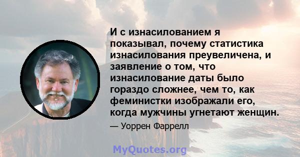 И с изнасилованием я показывал, почему статистика изнасилования преувеличена, и заявление о том, что изнасилование даты было гораздо сложнее, чем то, как феминистки изображали его, когда мужчины угнетают женщин.